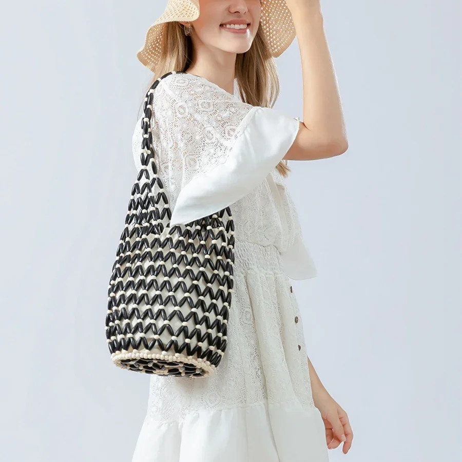 sac à main tissé pour femmes, design d'été, fourre tout en perles de bois ajourées, sac seau à bandoulière en toile filet réticulé, sac à main de plage