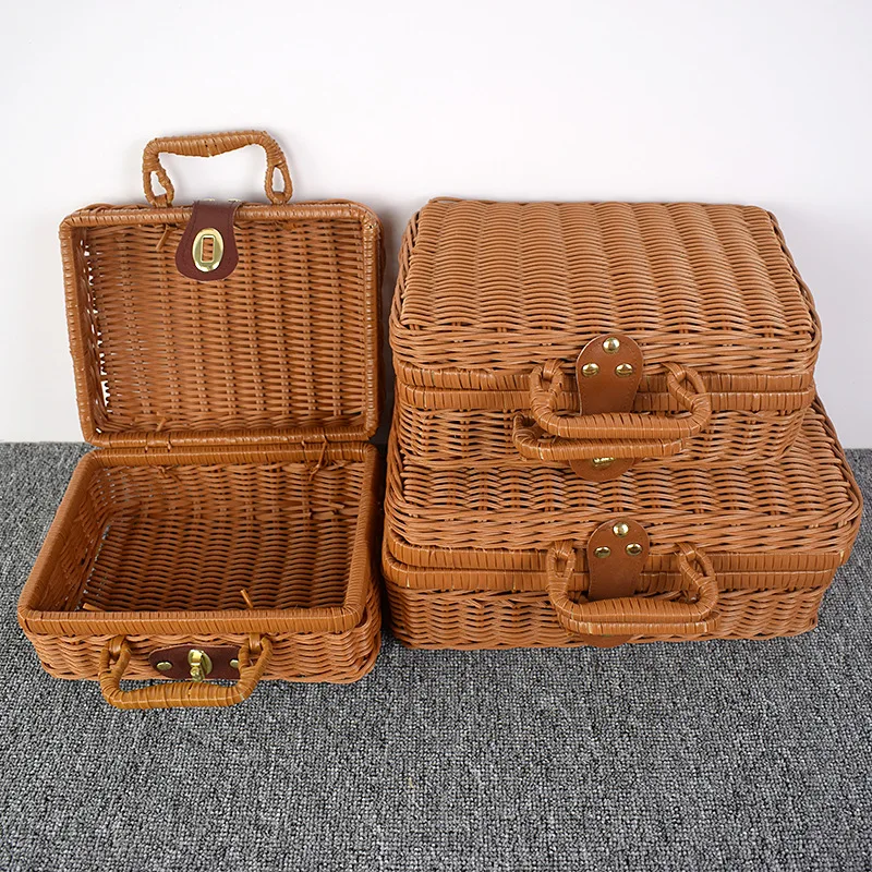 valise de tri et de rangement de cosmétiques, boîte cadeau de transport à la main, mir de rangement tissé en rotin, rétro