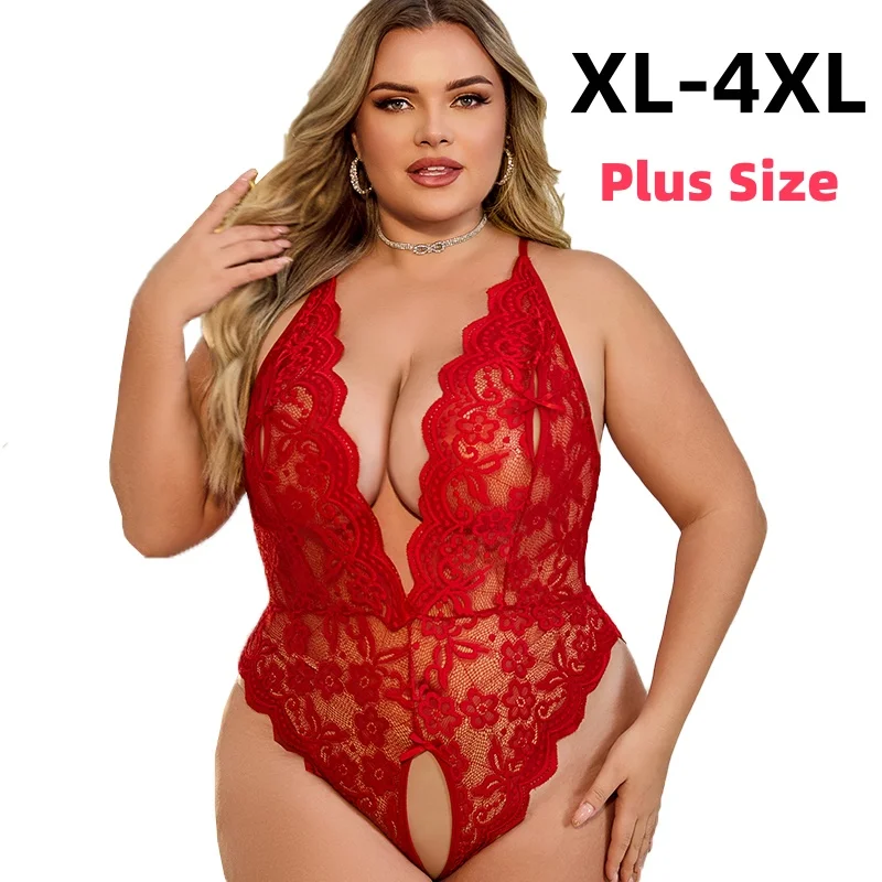 Body en dentelle sans entrejambe pour femmes, Lingerie d'été Sexy, transparente, fétiche, robe de nuit, grande taille, vêtements attrayants, XL-4XL