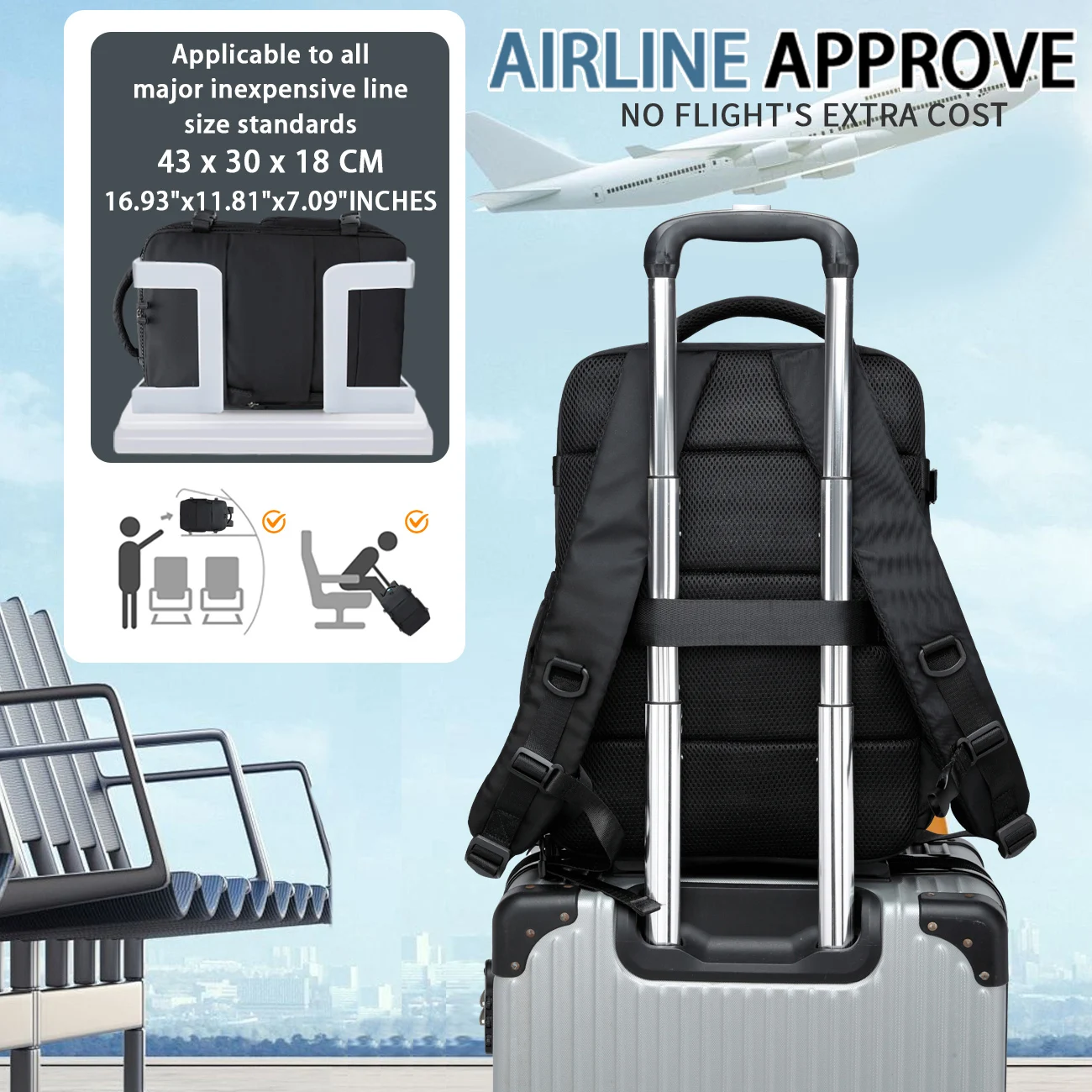 ryanair sac à dos voyage cabine avion 43x30x18, sac à dos de compression sous vide, femmes hommes sac à dos sac pour ordinateur portable d'affaires sac à main