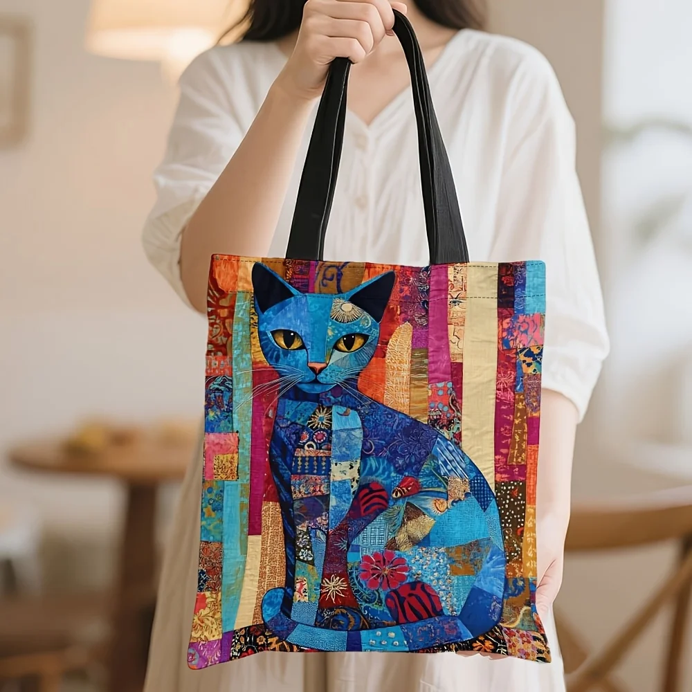sac fourre-tout chic bohème multicolore ethnique chat, grande capacité, style vintage, sac de shopping à bandoulière pour événements de vacances, sac à main cadeaux