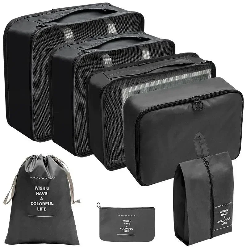 ensemble d'organisateurs de voyage, sacs de rangement, valise, cubes d'emballage, étuis portables, bagages, vêtements, chaussures, pochette de rangement pliante