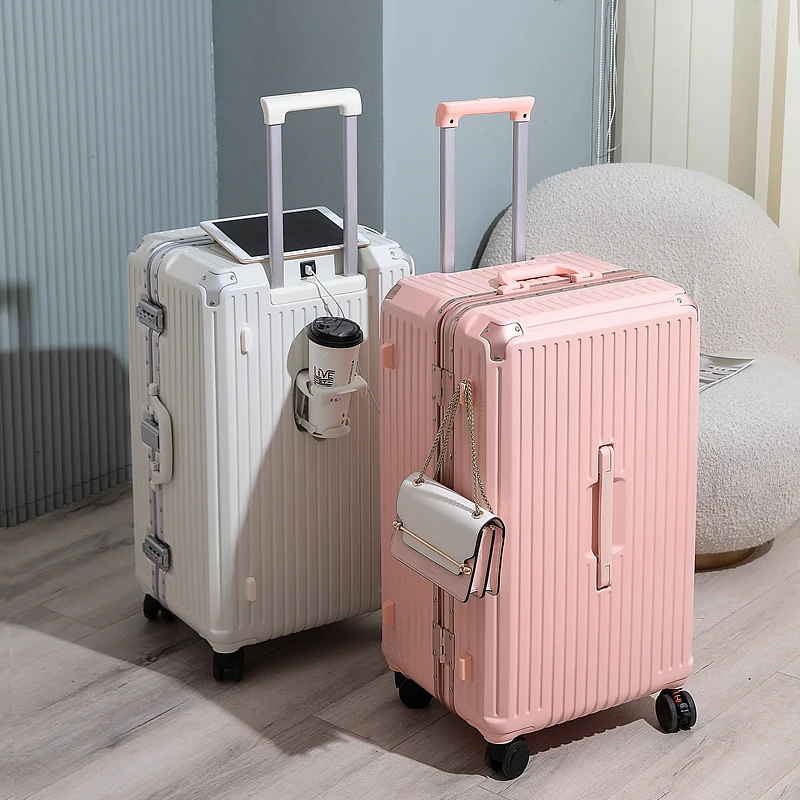 valise de voyage de grande capacité, cadre en aluminium, boîtier de chariot, valise de voyage de 24/28/30 pouces avec porte gobelet, mallette d'embarquement