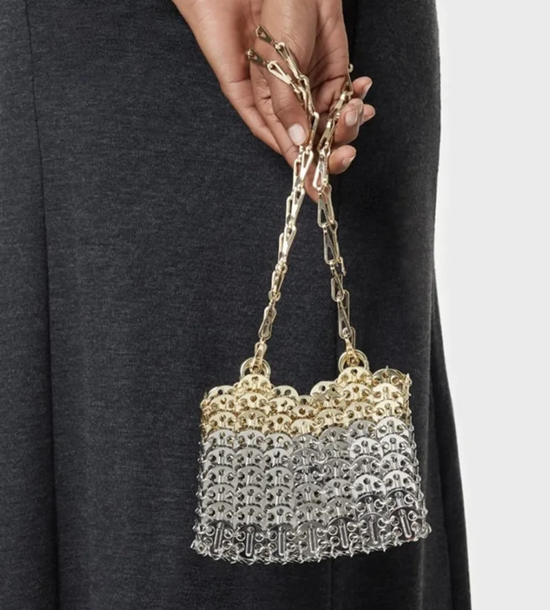 sac à main tissé à la main pour femme, pochette d'épissage en métal doré et argenté, sac fourre tout de créateur, sacs esthétiques de luxe, initié aux vacances