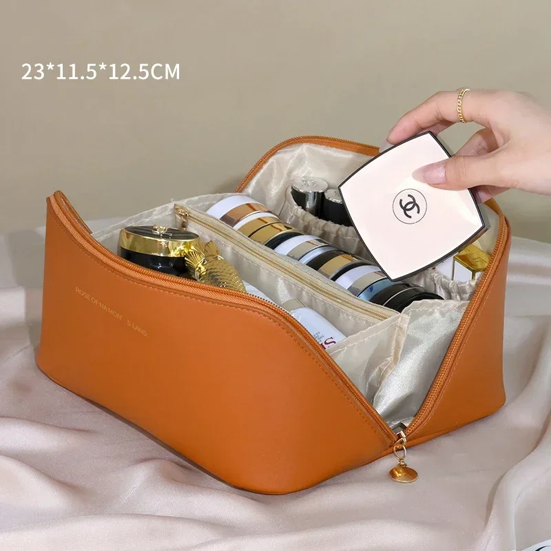 sac à cosmétiques de voyage en cuir de grande capacité pour femme, trousse de maquillage portable, étanche, trousse de toilette multifonctionnelle, sac de rangement d'évaluation