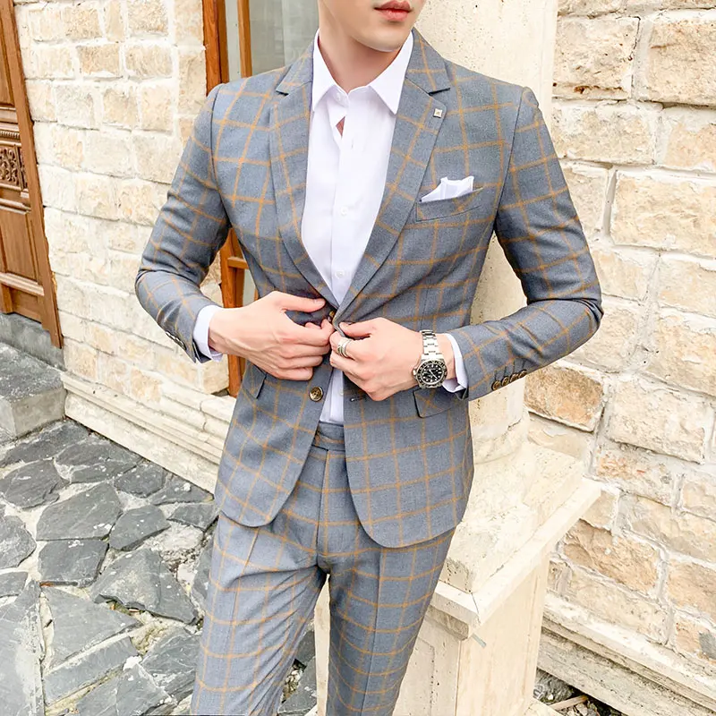 quatre saisons nouveau m 5xl grande taille hommes (costume + pantalon) élégant et beau mesure à carreaux décontracté deux pièces ensemble