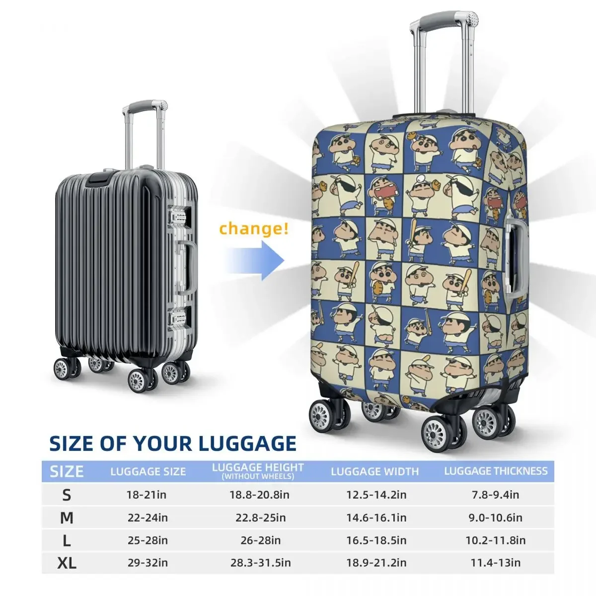 housse de valise crayon shin chan, dessin animé doodle, fournitures de bagages utiles pour vacances, protection professionnelle