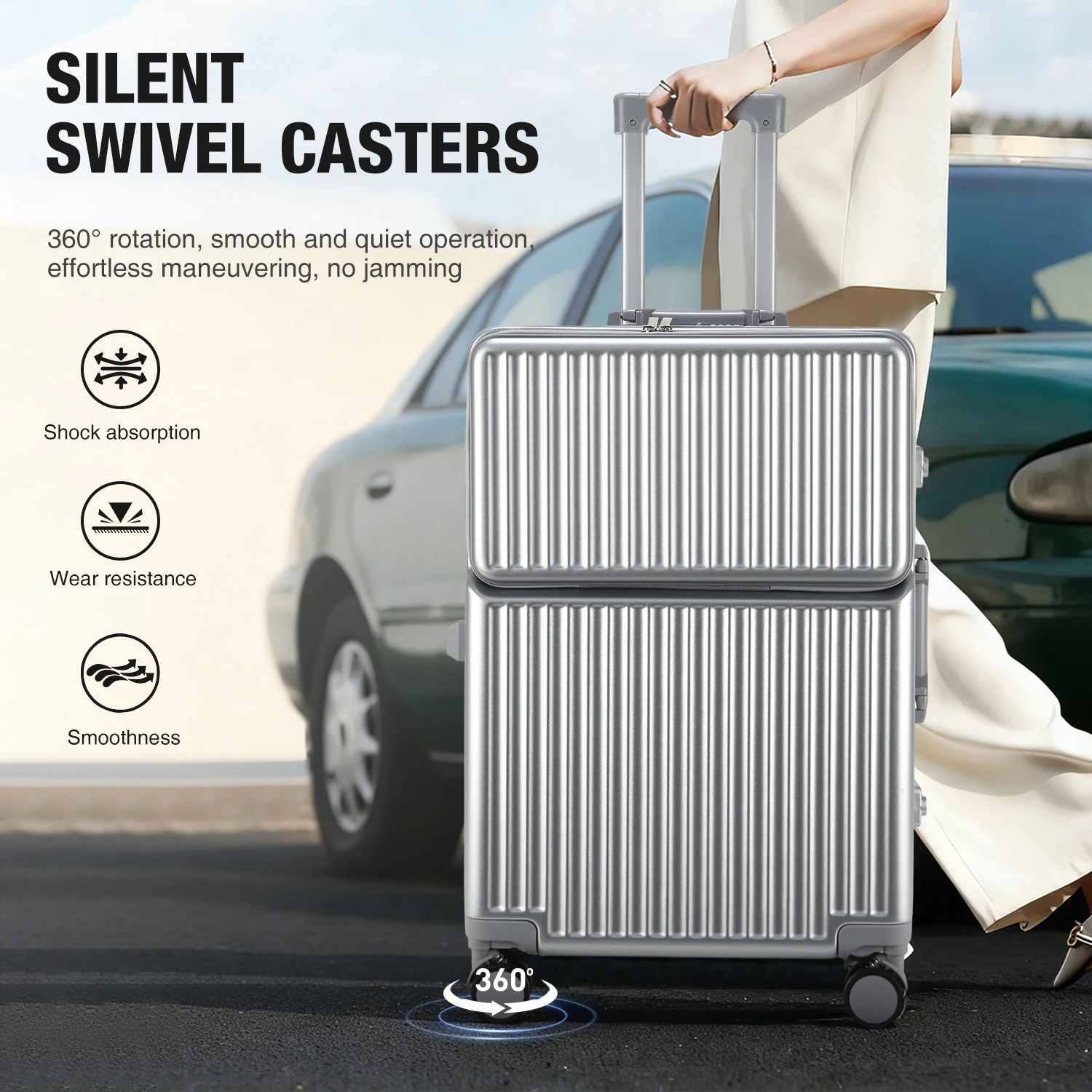 aiweiny 2025 valise pc à coque rigide en aluminium, résistante à la pression, avec roulettes omnidirectionnelles silencieuses à 360°, porte gobelet et étagère de rangement, équipée d'une serrure tsa.