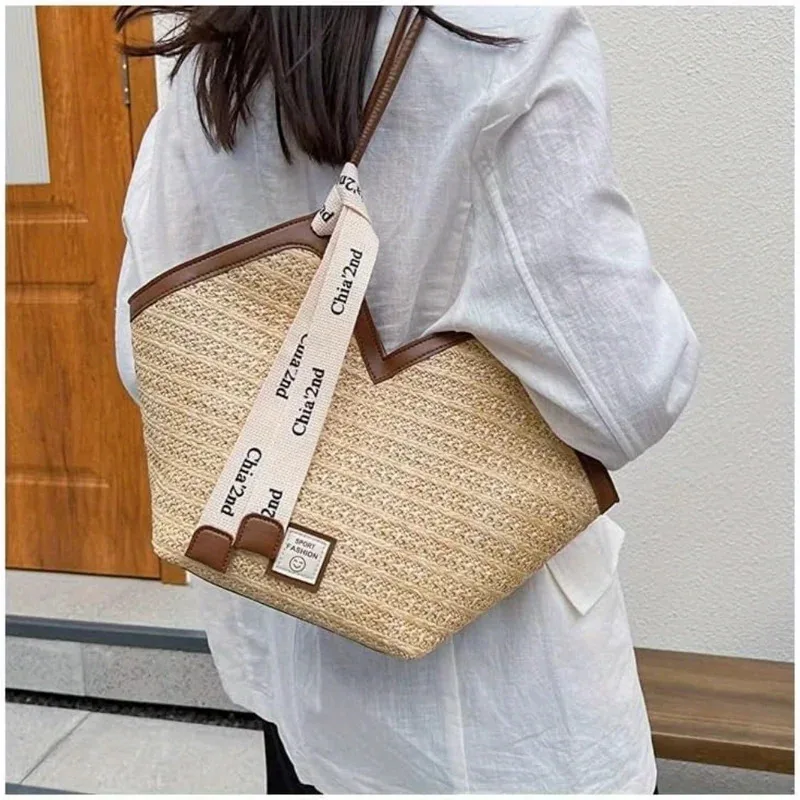 sac fourre tout de plage tissé en paille chic pour femmes, sac à main tissé léger, sac à bandoulière parfait pour les vacances d'été, les jours de piscine, les voyages