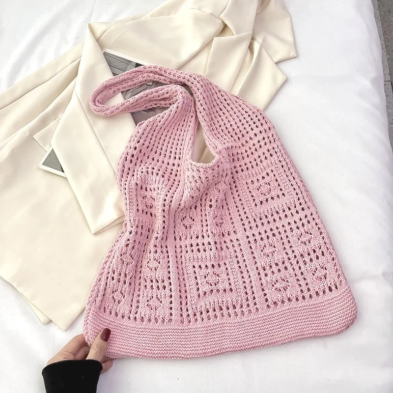 sac de shopping vintage tricoté pour femmes, sac à bandoulière fait à la main en crochet, sac à main ample ajouré pour le shopping décontracté pour femmes