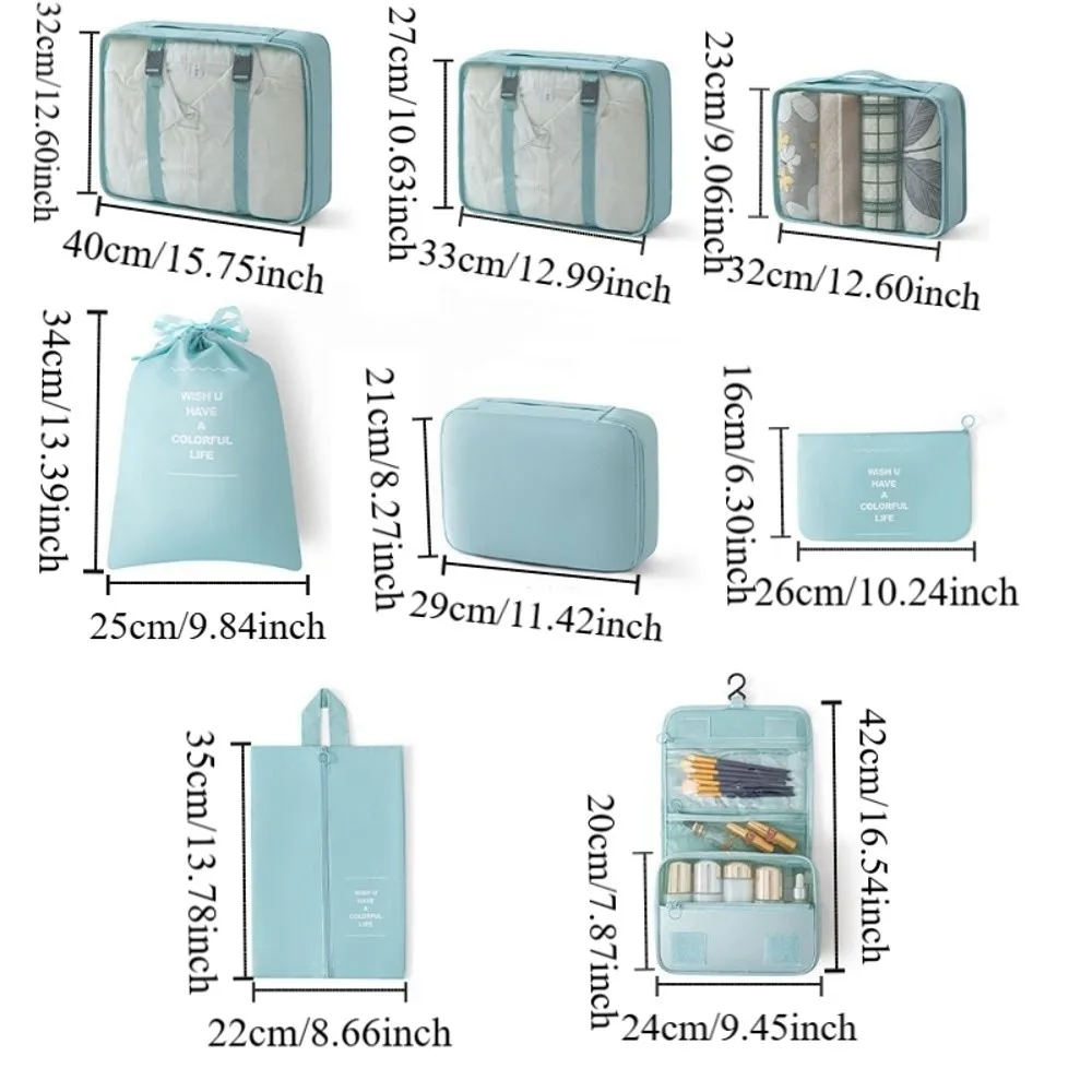 ensemble d'organisateurs de voyage pliables, 8 pièces, valise étanche de grande capacité, cubes d'emballage portables de différentes tailles, pochette pour valise et chaussures