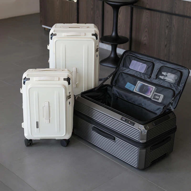 valise en matériau pc de grande capacité, bagage de voyage à compartiment profond de 20/28/32/34 pouces avec serrure à combinaison, coque rigide à ouverture latérale