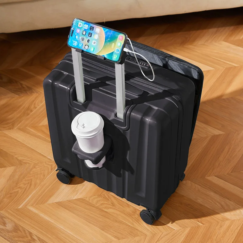 valise à roulettes à la mode de 18 pouces avec support porte gobelet et valeur esthétique valise à main avec couvercle rabattable avant