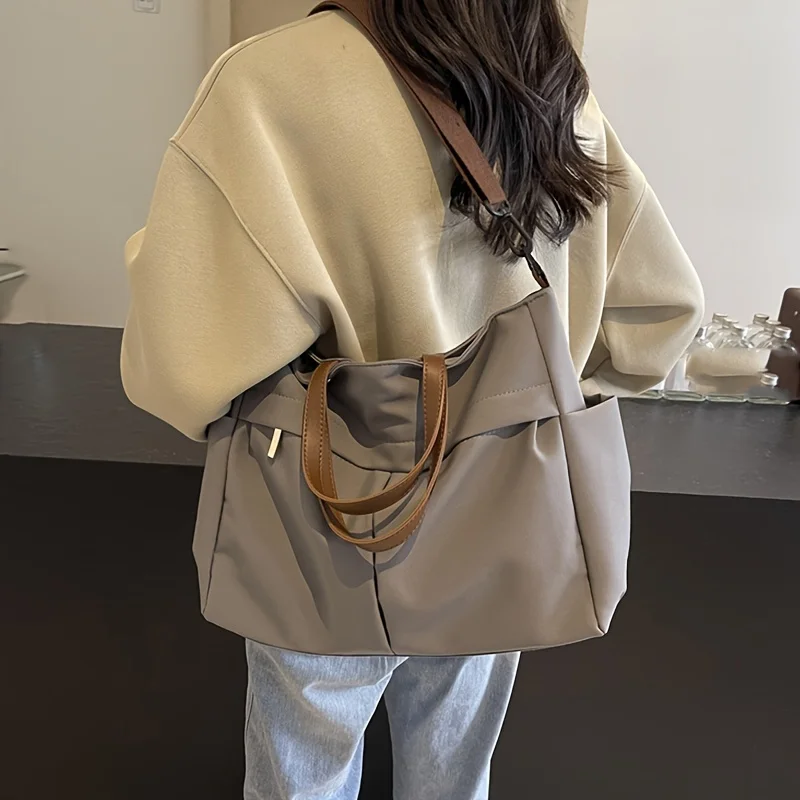 sac fourre tout élégant en nylon pour femmes, sac à bandoulière avec deux poches, sac à main de transport de grande capacité