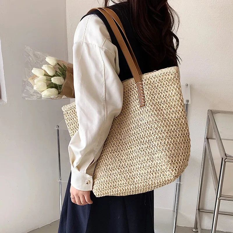sac à main à bandoulière tissé à la main pour femmes, mode bohème, fourre tout de plage en paille, sac de voyage, sacs de shopping tissés