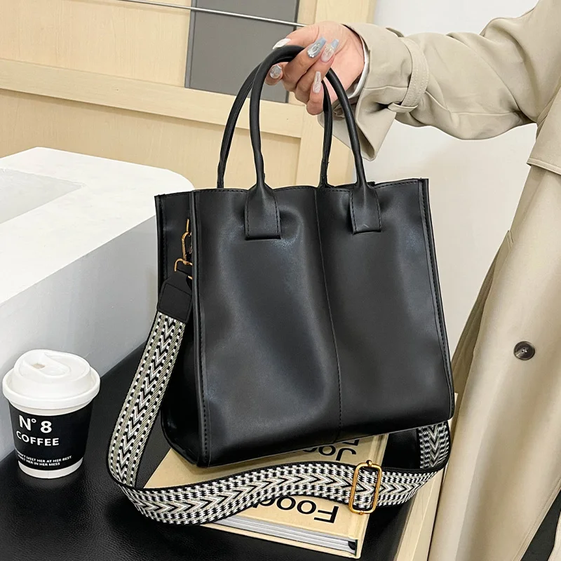 Sac fourre-tout en cuir PU pour femme, sac à main à large sangle, marron café, haute qualité, marque de mode féminine, sac de trajet