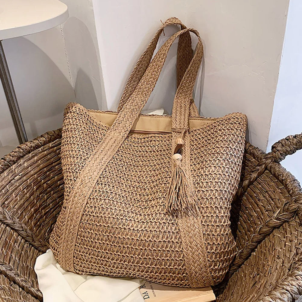 sacs à main d'été tissés à la main pour dames, sac tissé à la main, mode simple, grande capacité avec pendentif pompon, sac à main de shopping, fourre-tout