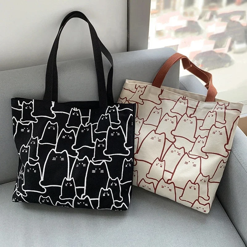 sacs en toile sac à main pour femmes shopper mignon chat sac fourre-tout avec fermeture éclair sac de créateur style japonais dessin animé petite épaule