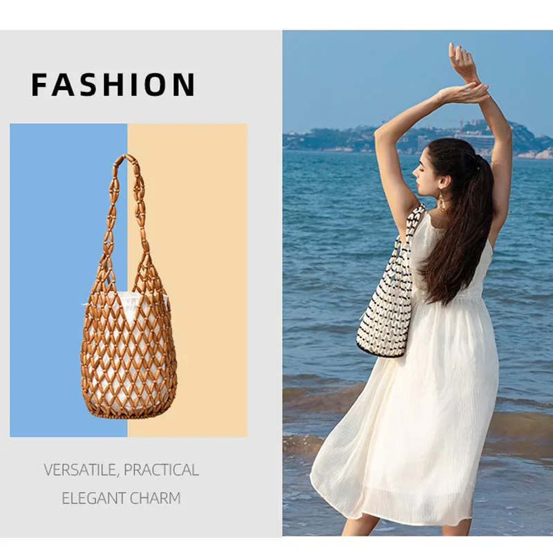 sac à main tissé pour femmes, design exquis, fourre tout en perles de bois ajourées, sac seau à bandoulière, sac à main perlé fait à la main