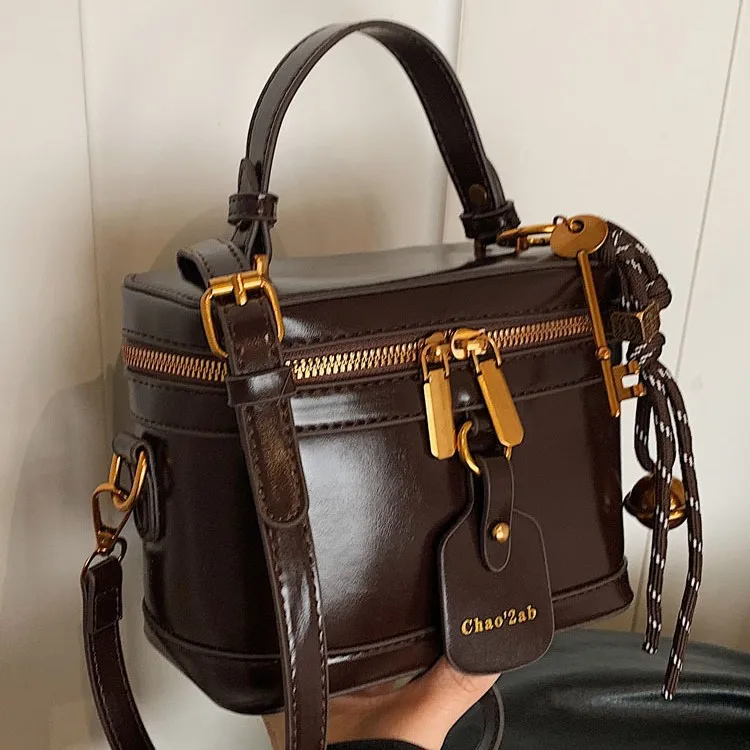 Sac à main rétro en cuir PU pour femme, sac à bandoulière, fourre-tout à l'huile, designer de luxe, E27