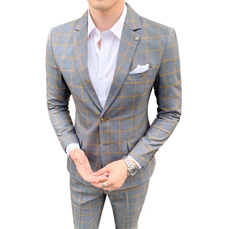 quatre saisons nouveau m 5xl grande taille hommes (costume + pantalon) élégant et beau mesure à carreaux décontracté deux pièces ensemble