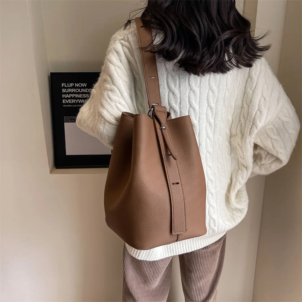 sac de shopping polyvalent pour femmes, seau de grande capacité, sac d'épicerie, sangle réglable, sac simple de couleur unie avec pochette assortie