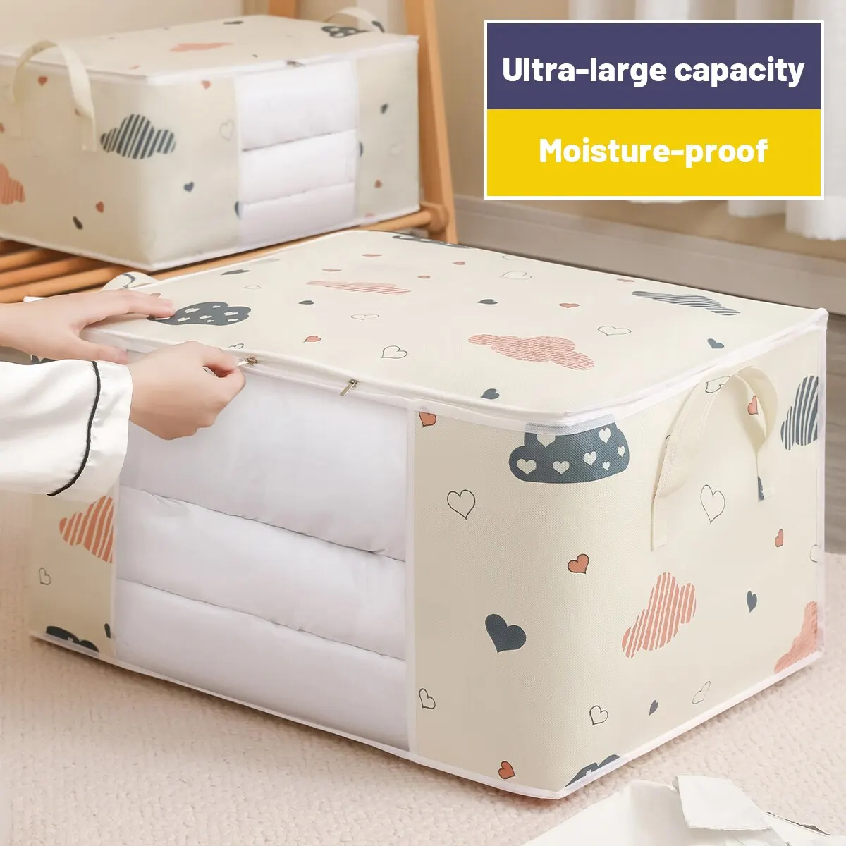 sac de rangement pour vêtements de grande capacité, évalué avec poignée renforcée, adapté aux couvertures, literie pliable avec fermeture éclair robuste