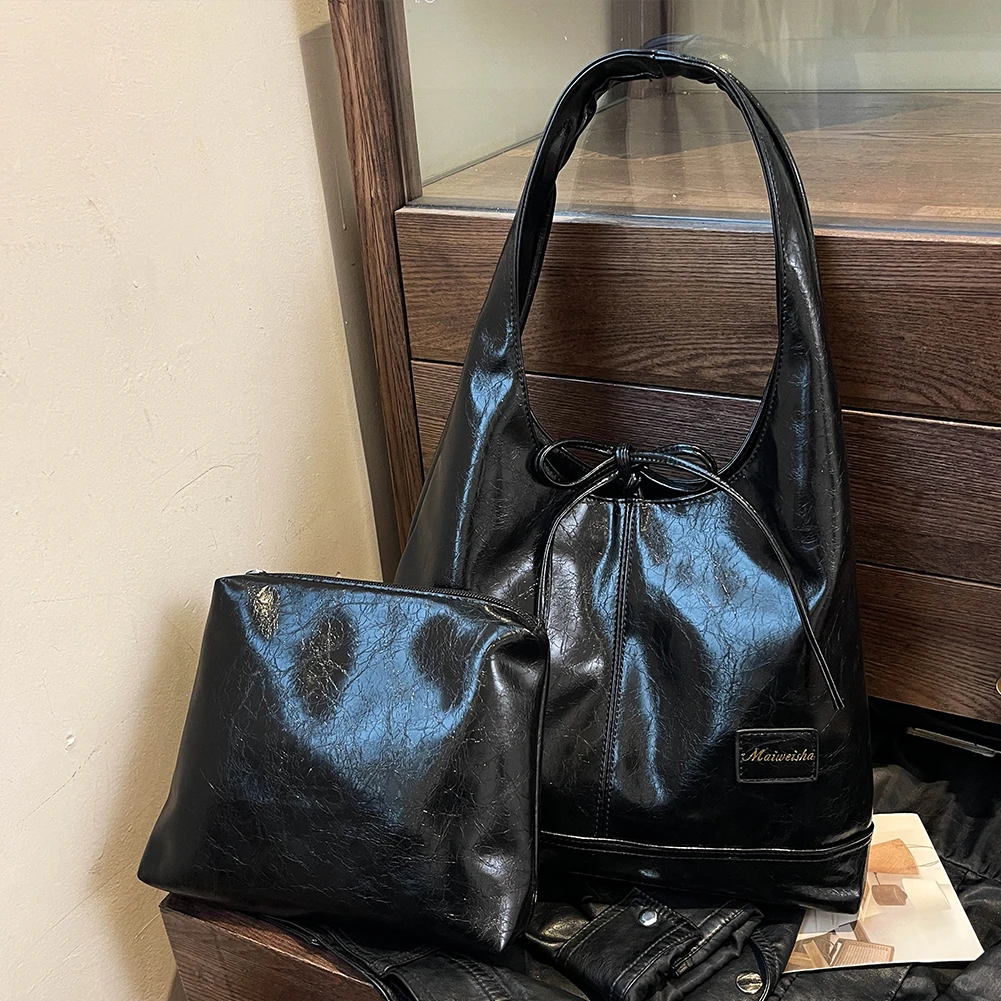 sac à bandoulière élégant avec nœud en pu pour femmes, fourre tout décontracté sous les bras de grande capacité avec petite pochette pour un usage quotidien