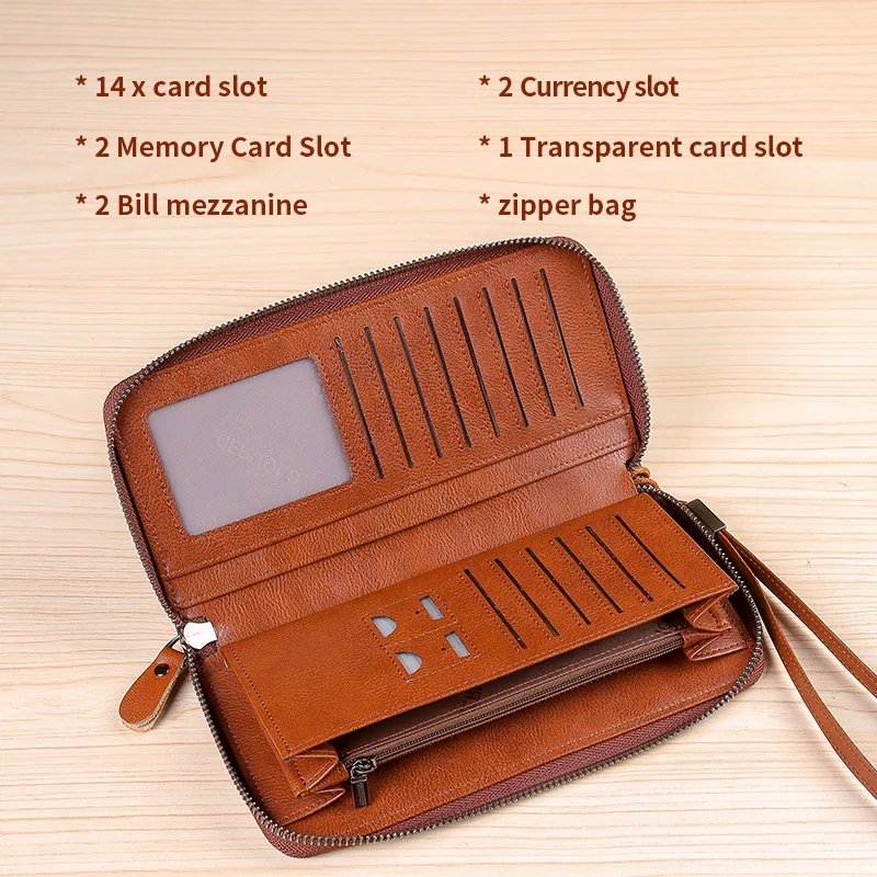 portefeuille en cuir pour hommes, long, nouveau sac à main en cuir de vache souple, léger, luxe, simple, grande capacité, brosse antivol, dégradé de couleur yel