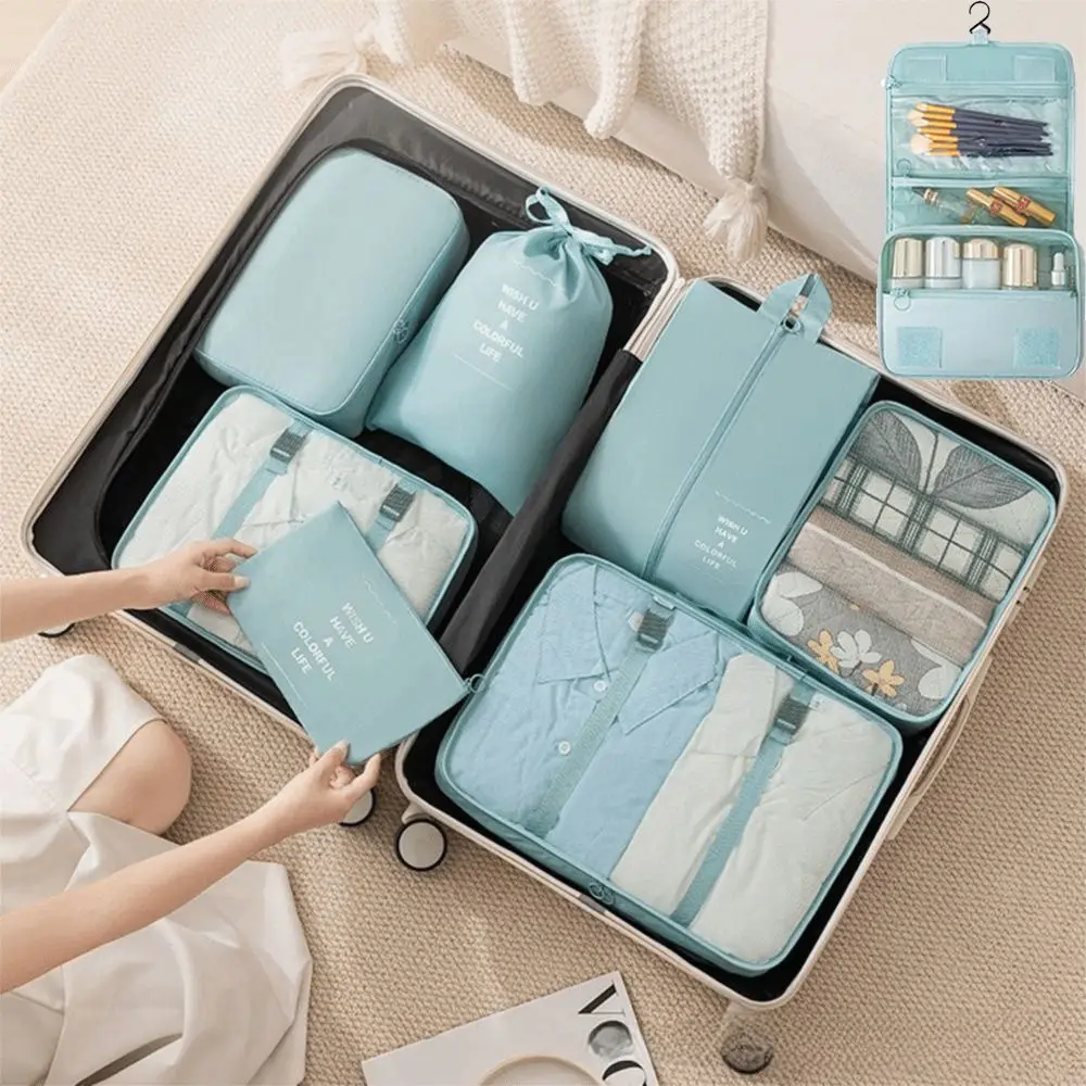ensemble d'organisateurs de voyage pliables, 8 pièces, valise étanche de grande capacité, cubes d'emballage portables de différentes tailles, pochette pour valise et chaussures