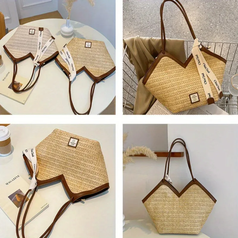 sac fourre tout de plage tissé en paille chic pour femmes, sac à main tissé léger, sac à bandoulière parfait pour les vacances d'été, les jours de piscine, les voyages