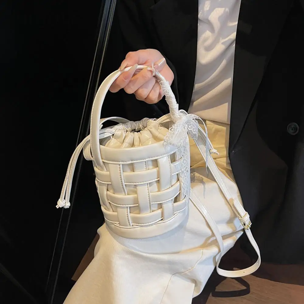 sac seau tissé en pu pour femmes, sac à bandoulière de grande capacité avec cordon de serrage, sac de transport quotidien, sac de plage d'été