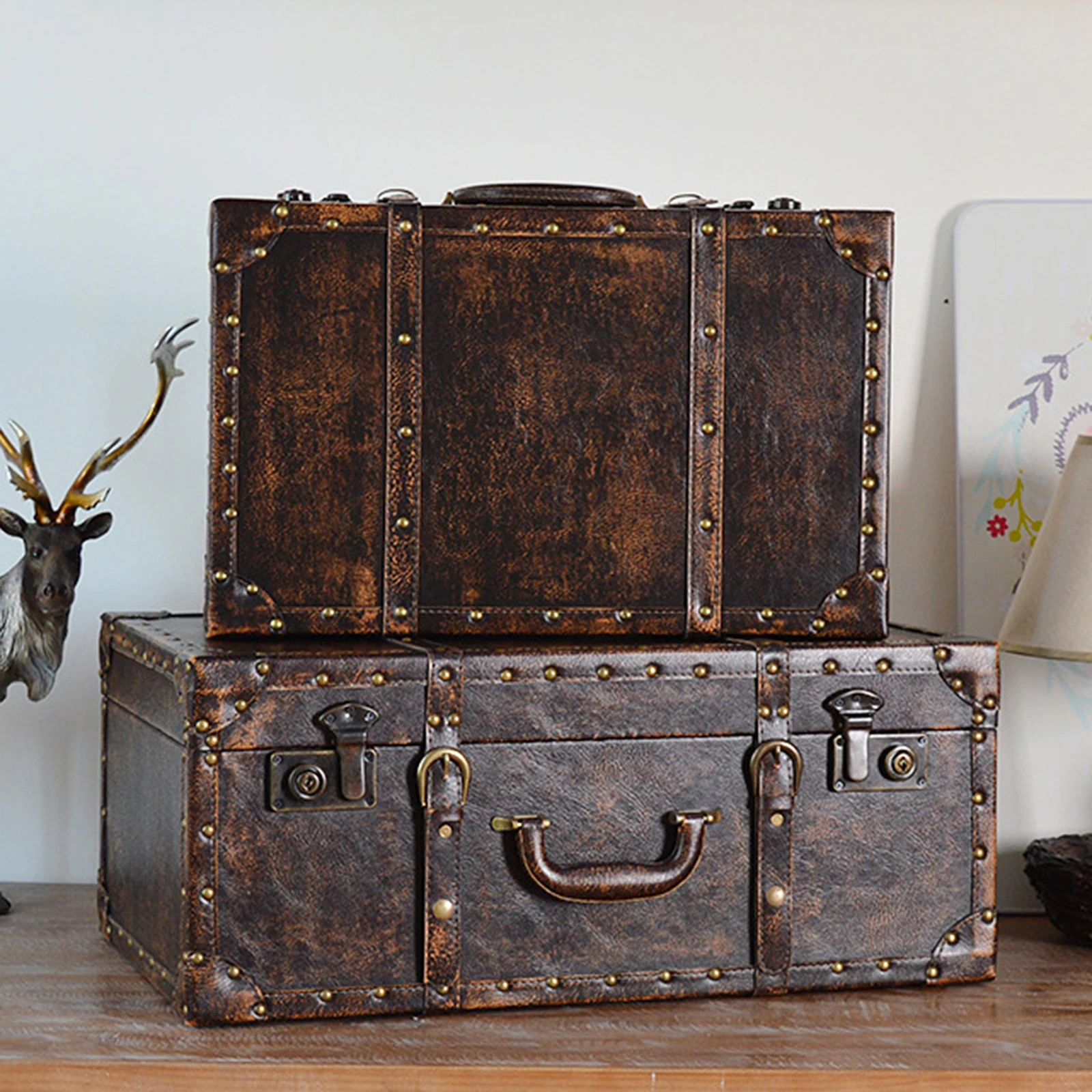 valise en cuir en bois vintage de style antique, boîte de rangement de voyage avec serrure avec sangle, boîte à bijoux