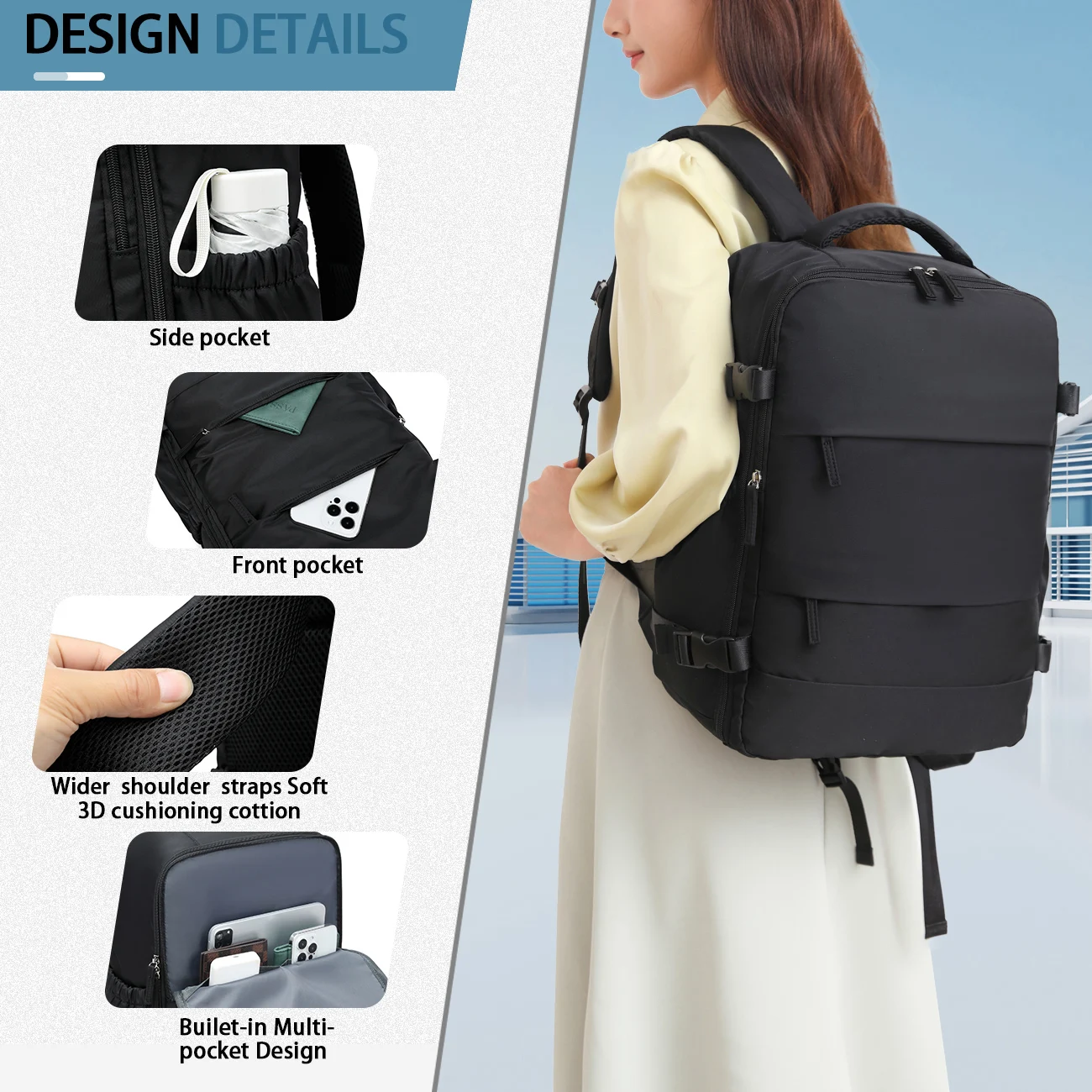 ryanair sac à dos voyage cabine avion 43x30x18, sac à dos de compression sous vide, femmes hommes sac à dos sac pour ordinateur portable d'affaires sac à main