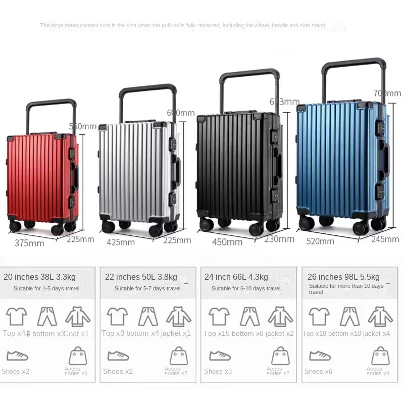 valise de voyage à poignée large, cadre en aluminium, boîte d'embarquement à bagages, valise à roulettes, affaires, grande capacité, 20 po, 24 po, 26 po