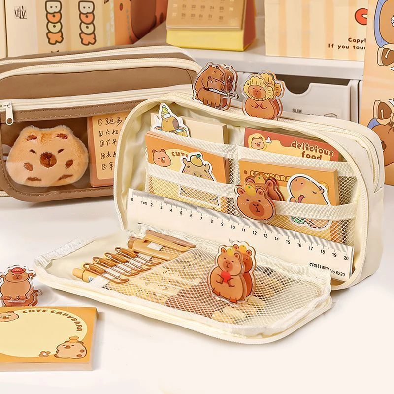 trousse à crayons en tissu mignon kawaii, grande capacité, capybara, fermeture éclair, sac pour enfants, pochette pour stylos, fournitures scolaires, cadeau