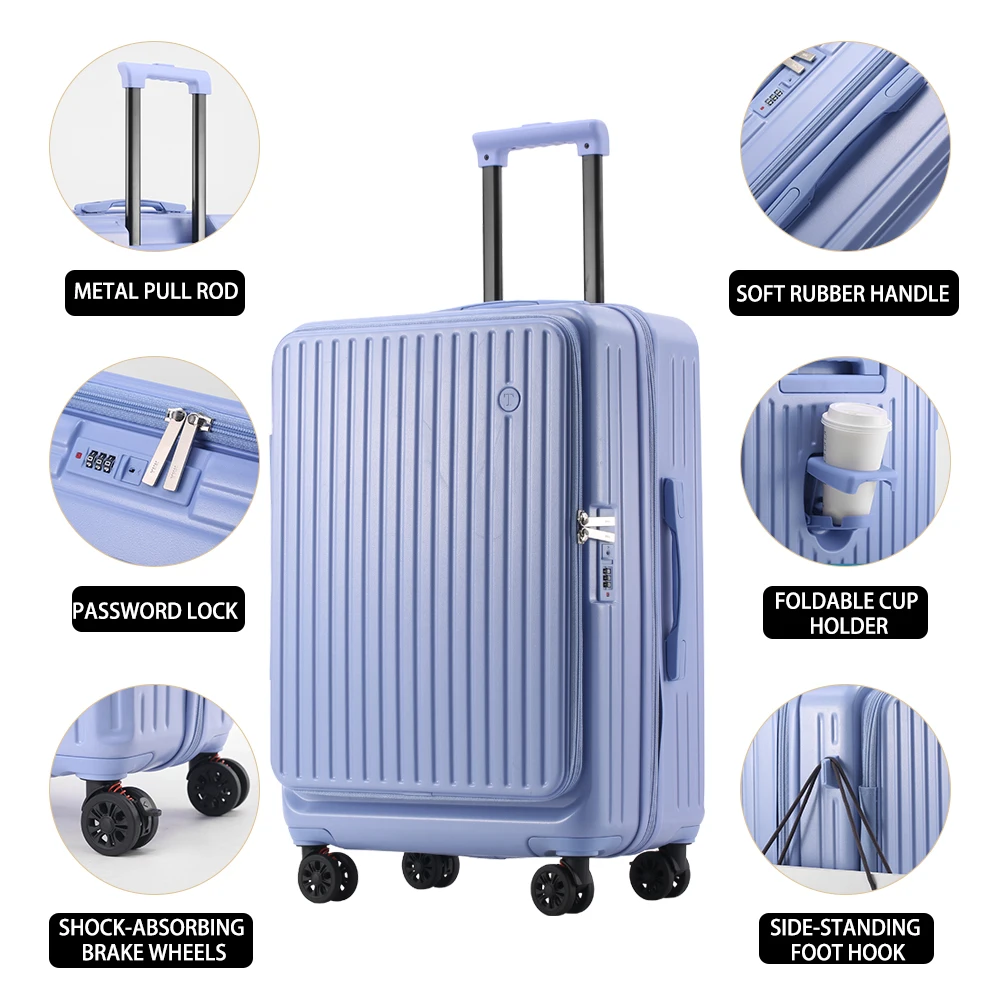 valise extensible de grande capacité, ouverture latérale multifonction, valise d'embarquement, porte gobelet, roues de frein absorbant les chocs