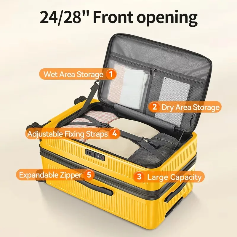 valise à capacité extensible, ouverture frontale, boîtier de chariot de voyage avec roue rotative, serrure tsa, matériau pc, bagages roulants 20/24/28