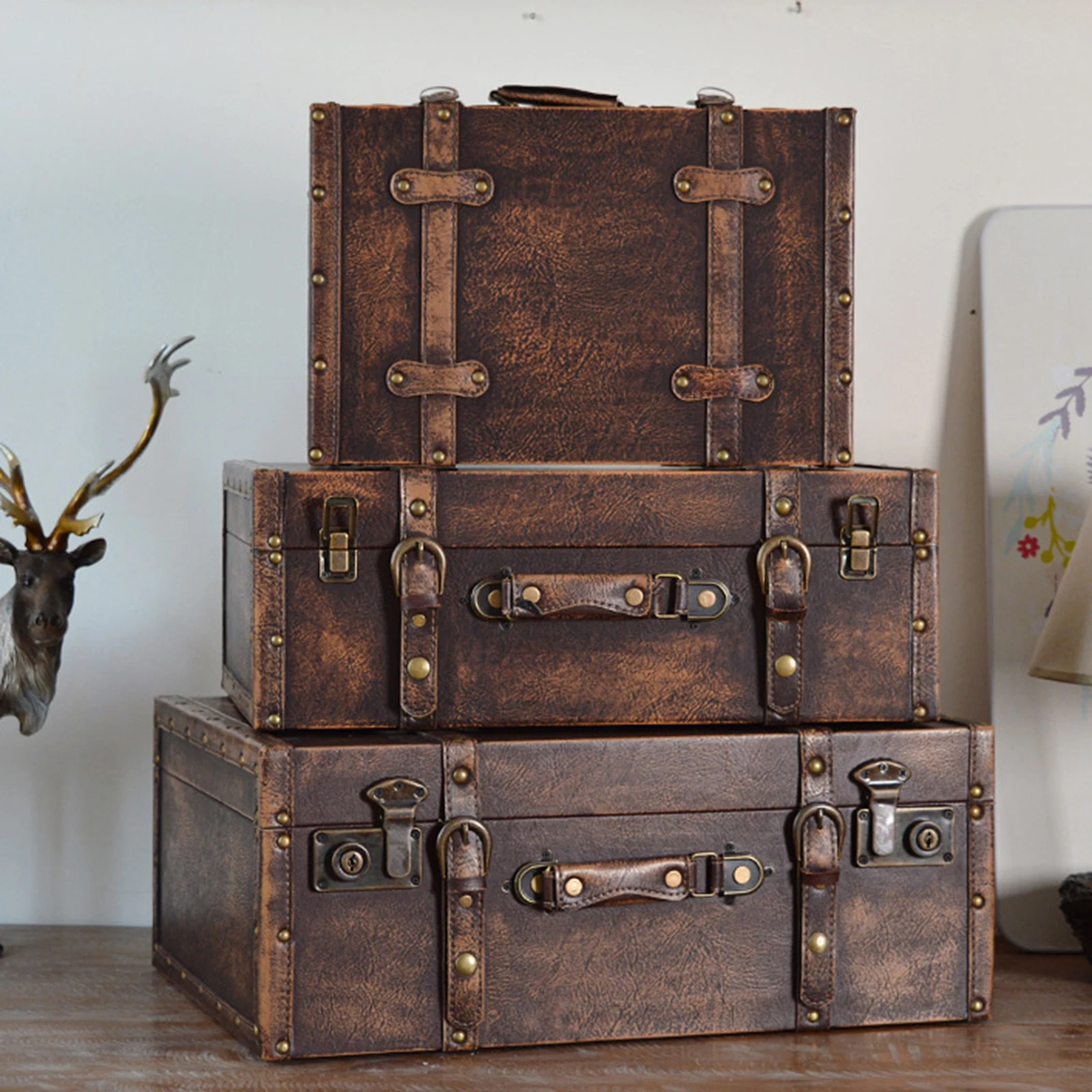 valise en cuir en bois vintage de style antique, boîte de rangement de voyage avec serrure avec sangle, boîte à bijoux