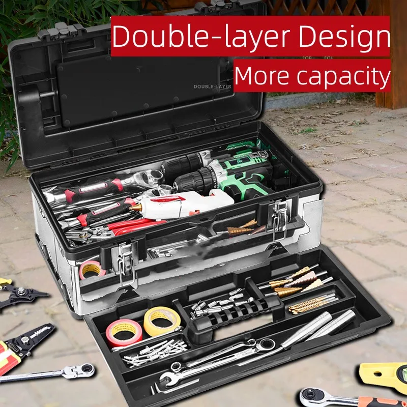 boîte à outils en acier inoxydable de haute qualité, boîte à outils domestique, grande valise en métal pour boîte de rangement d'outils, mallette à outils en plastique, organisateur