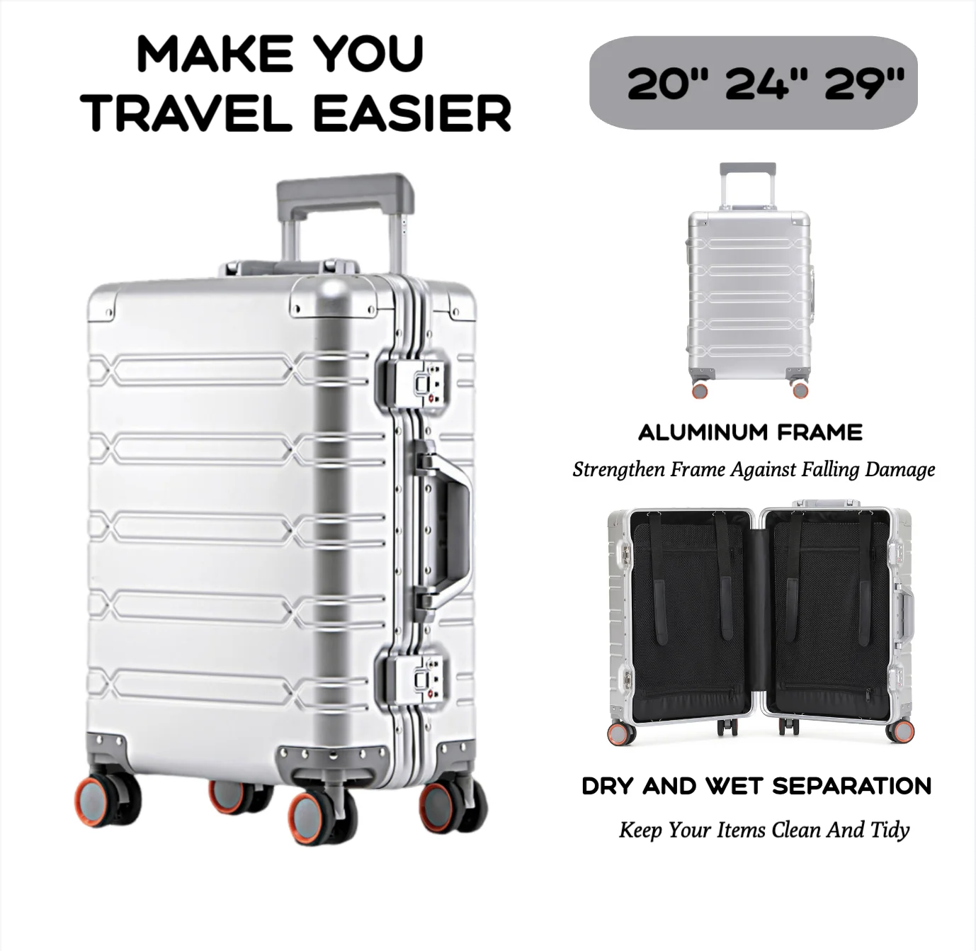 Ensemble de bagages durables de grande capacité, valise en aluminium pour femmes et filles, bagage à main pour voyage d'embarquement 2024 20/24/29