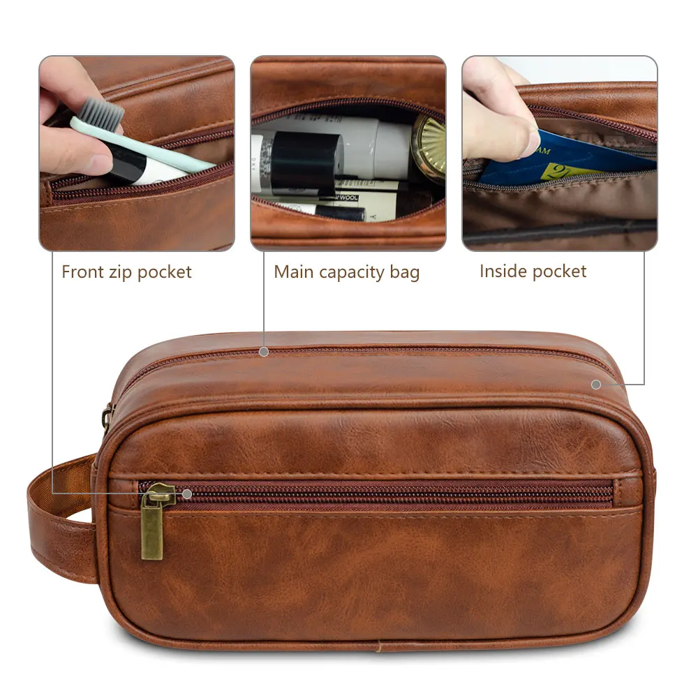 sac de lavage en cuir pour hommes, sac de voyage, voyages d'affaires, sac à cosmétiques portable, grande capacité, conception multi poches, sac de lavage en cuir