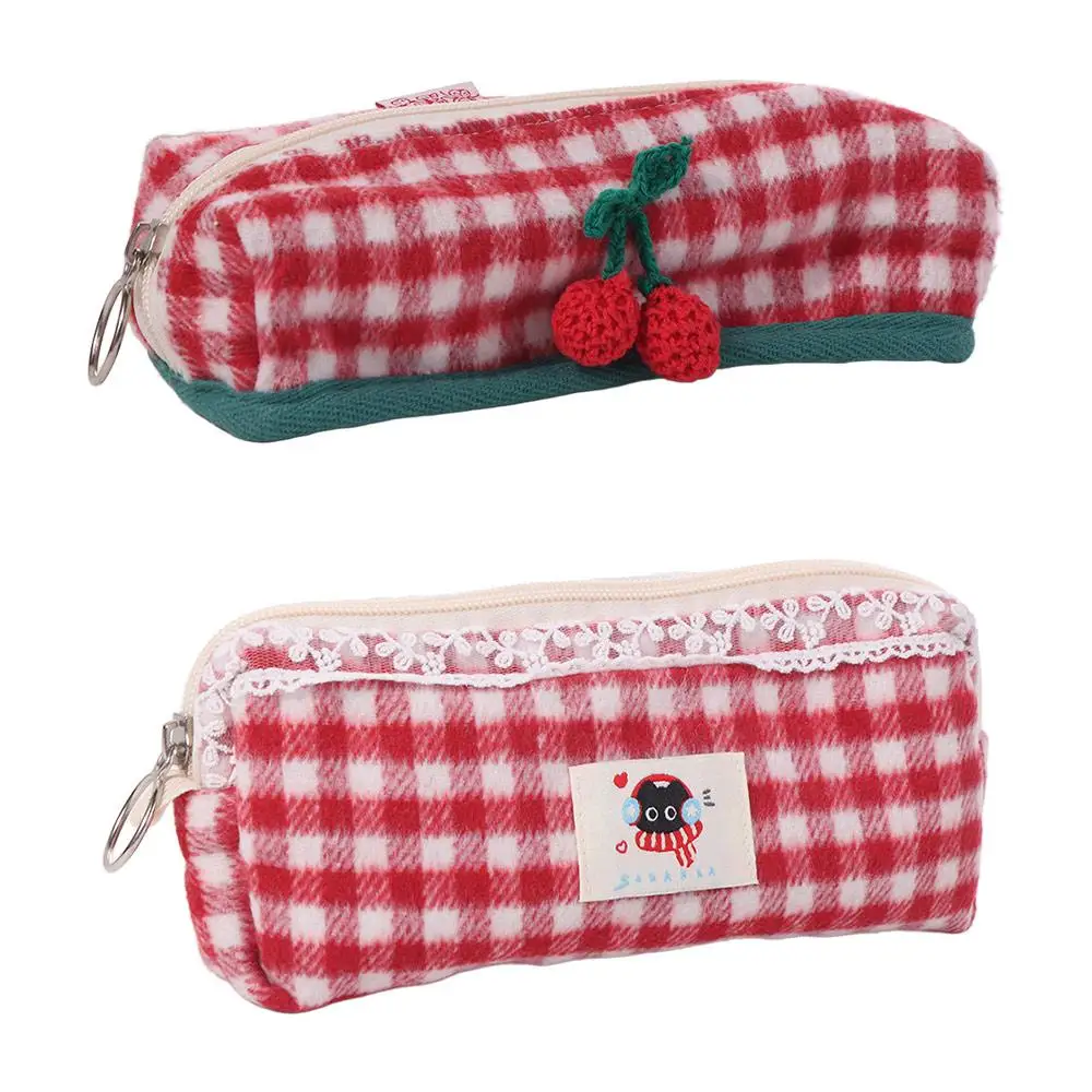 trousse à crayons à carreaux kawaii, sac de rangement à carreaux doux et mignon, pochette de rangement de papeterie simple pour enfants