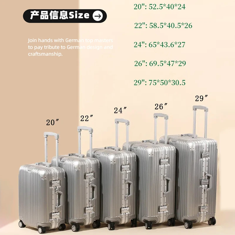 valise de 29 pouces avec cadre en aluminium épais, bagage de voyage, valise de 20/24 pouces, cabine de voyage, boîtier de chariot avec mot de passe en métal