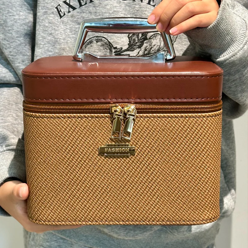 sac à cosmétiques portable en pu de grande capacité, boîte de maquillage à main, organisateur de rangement, style urbain simple, multifonctionnel unisexe