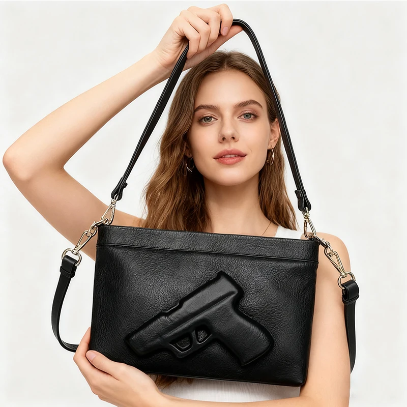 sac à main imprimé avec logo pistolet, sac tactique rétro européen et américain pour femmes, sac à bandoulière très adapté au shopping et aux voyages