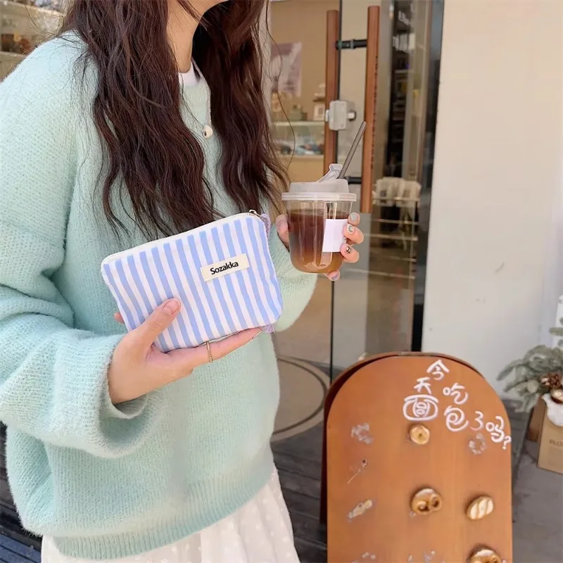 porte monnaie mignon pour enfants, petit sac de maquillage cosmétique, mini sacs de rangement en toile rayés, étui de maquillage pour rouge à lèvres pour femmes