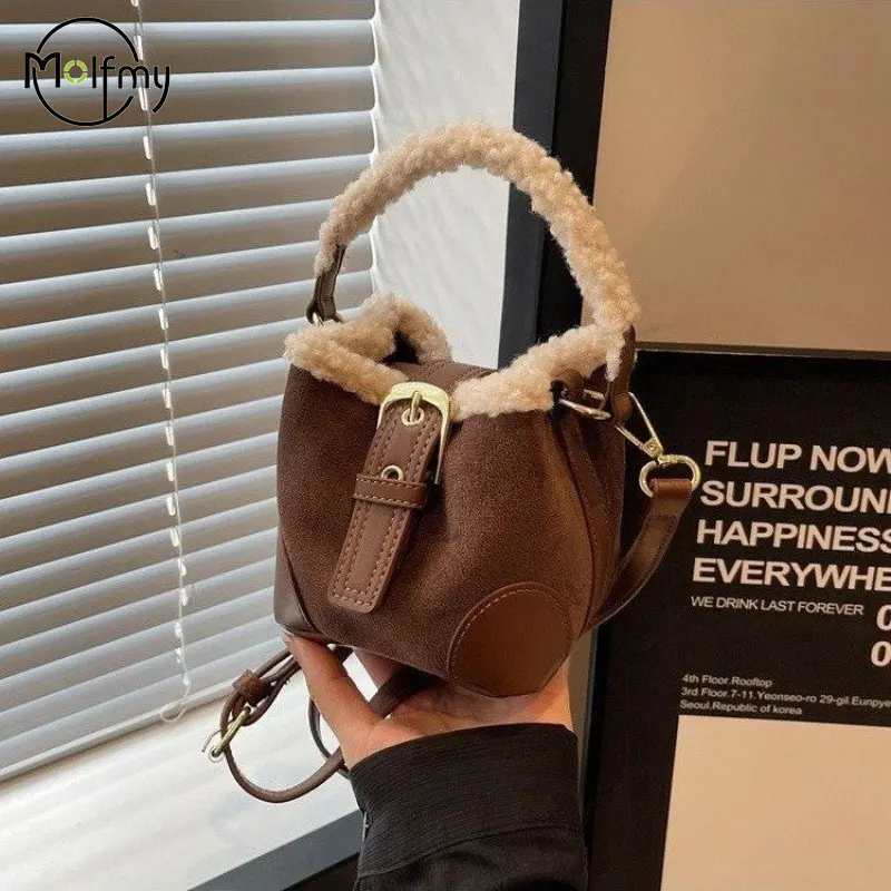 sacs pour femmes seau épaule sac à main automne hiver vintage polyvalent laine d'agneau sac à main élégant mode sac à bandoulière en gros