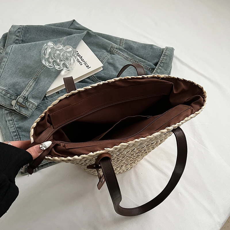 sac à main tissé en rotin pour femmes, sac de plage de grande capacité, sac à main en paille, grand panier shopper, fourre tout, sac fait main boho, nouveau design, 2024