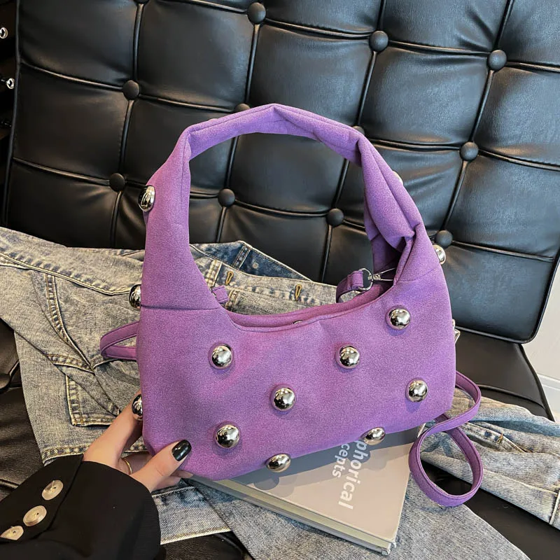 sac à main de luxe clouté perlé pour femme, sac à main en cuir suédé, sacs à bandoulière initiés, sac à main solide, papier rouge vin, violet